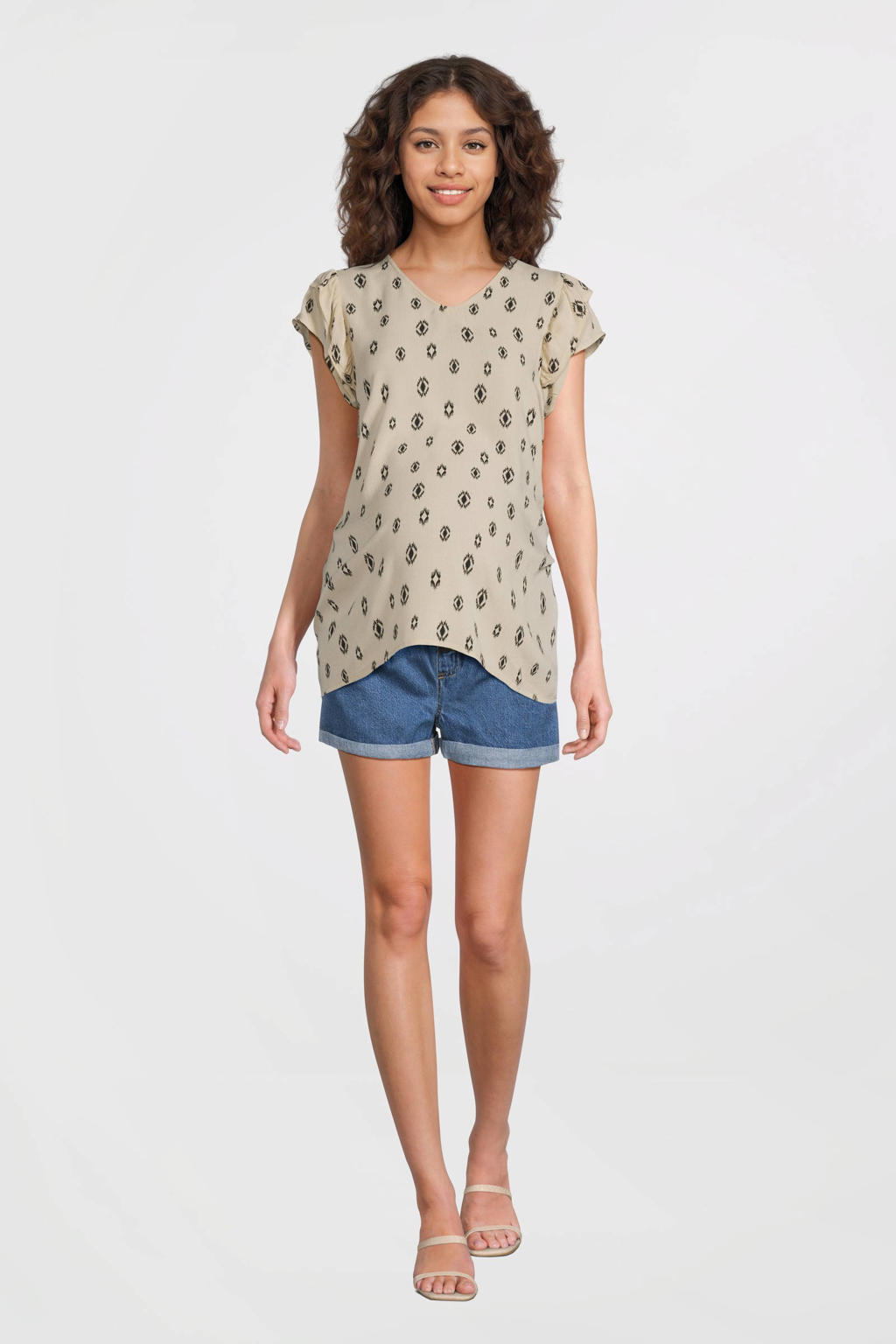 Lichtgrijze dames ONLY MATERNITY zwangerschaps T-shirt van modal met effen, korte mouwen, ronde hals en ruches