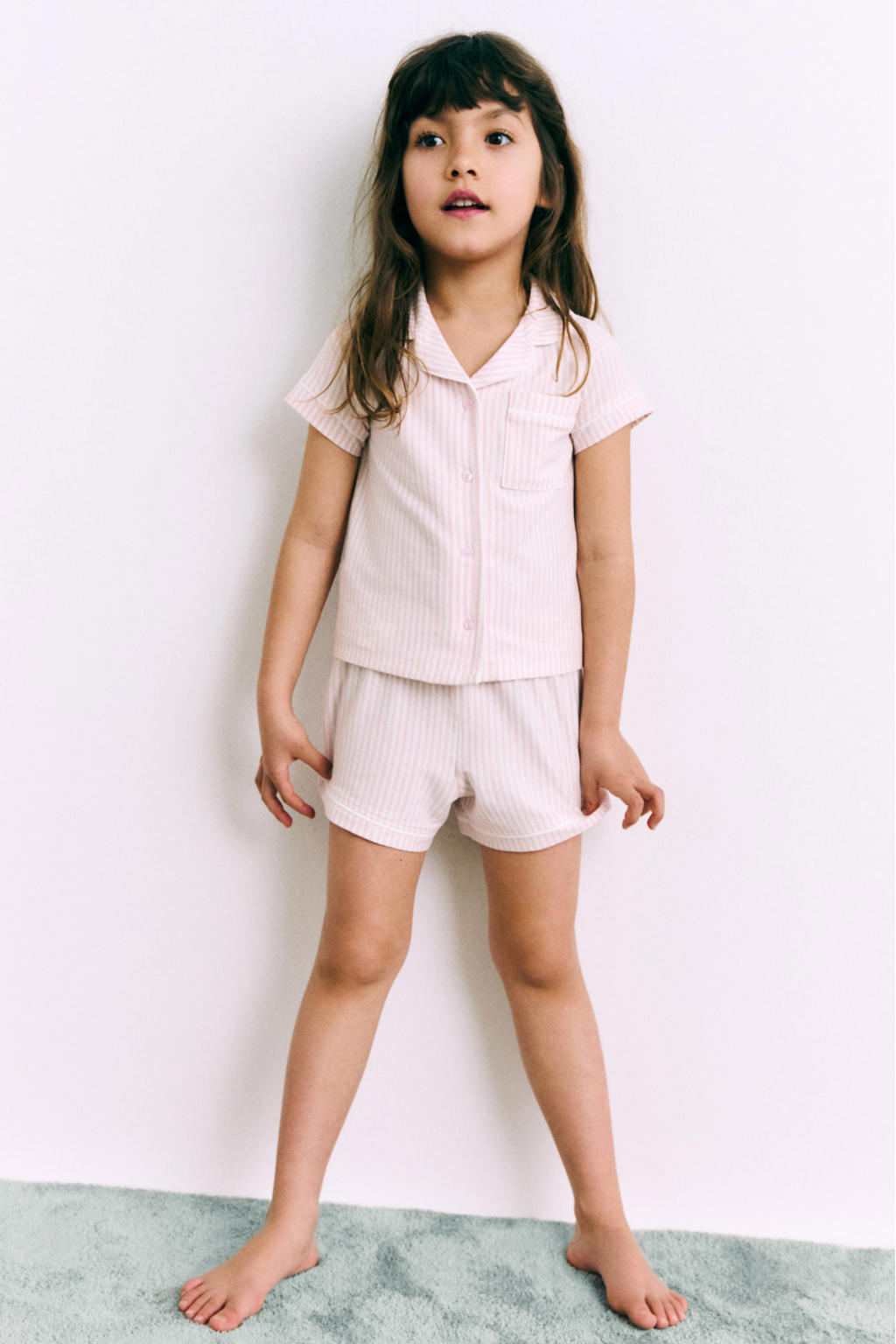 Mango Kids gestreepte shortama lichtroze