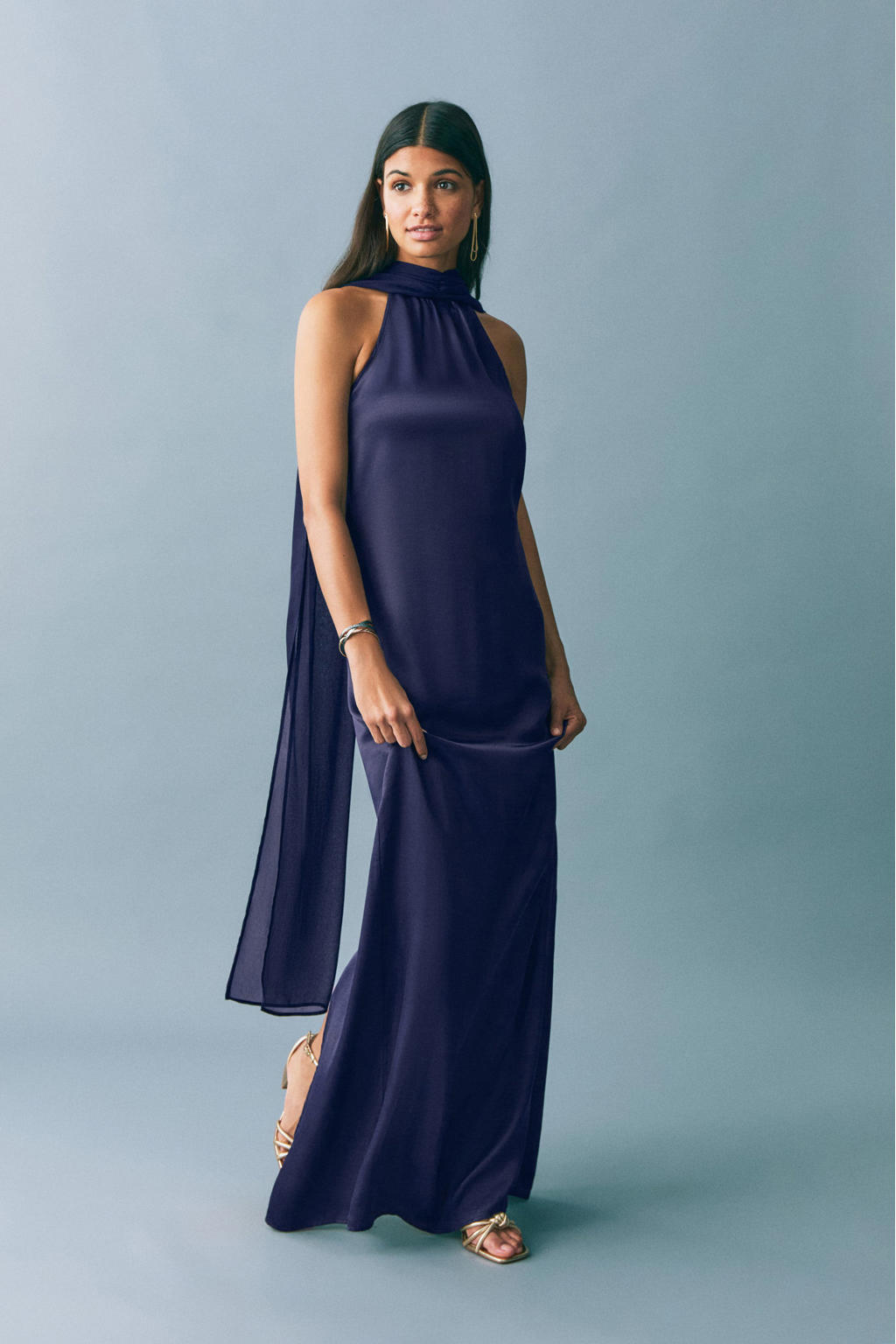 Donkerblauwe meisjes MANGO TEEN galajurk van viscose met effen, halterkraag, blinde ritssluiting en plooien
