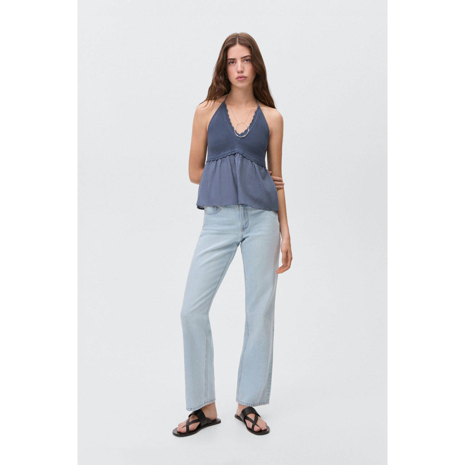 MANGO TEEN haltertop blauw fijn gebreid
