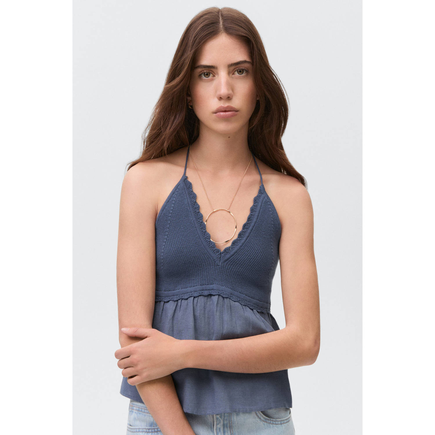 MANGO TEEN haltertop blauw fijn gebreid