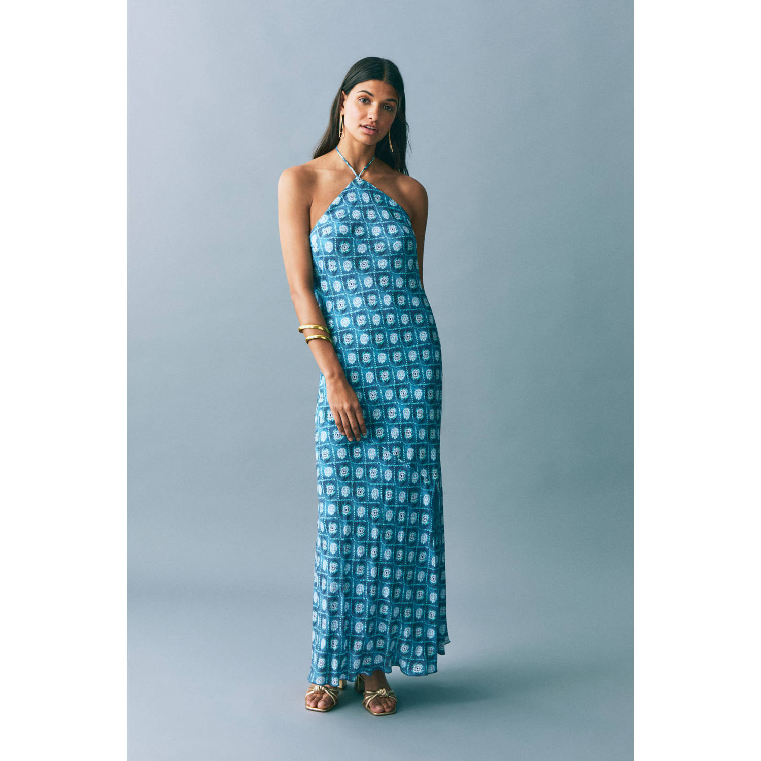 MANGO TEEN satijnen maxi jurk blauw
