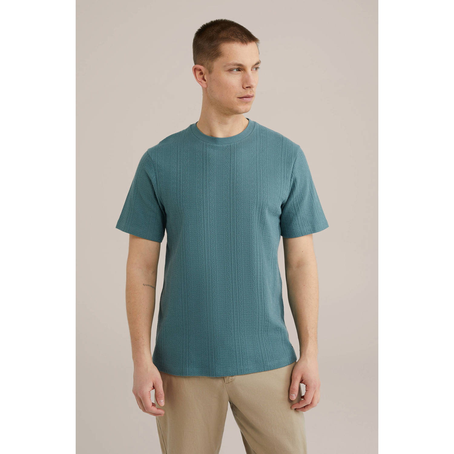 WE Fashion T-shirt met ingebreid patroon blauw