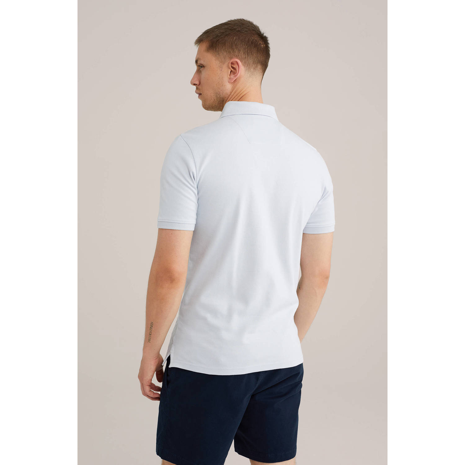 WE Fashion slim polo met ingebreid patroon lichtblauw