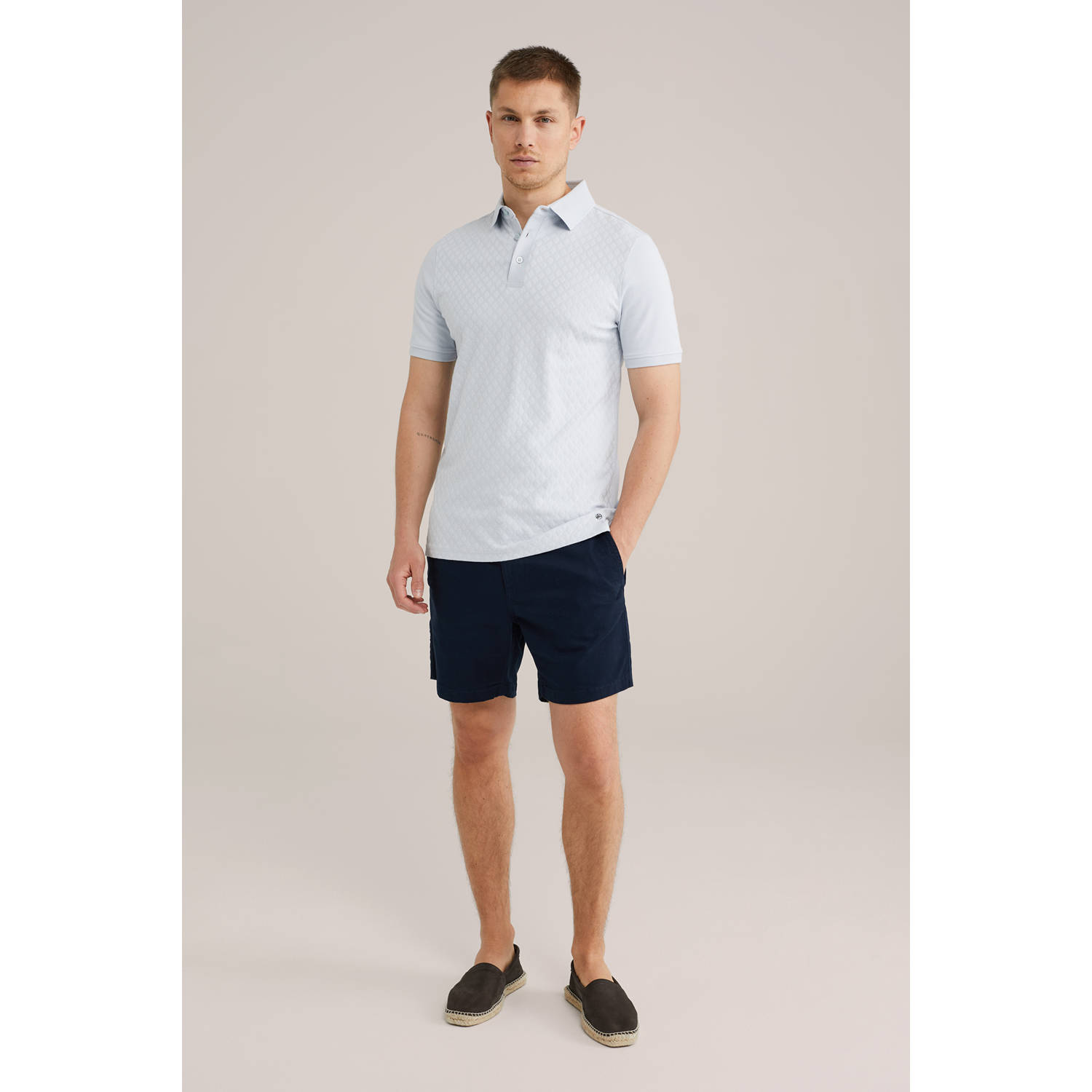 WE Fashion slim polo met ingebreid patroon lichtblauw