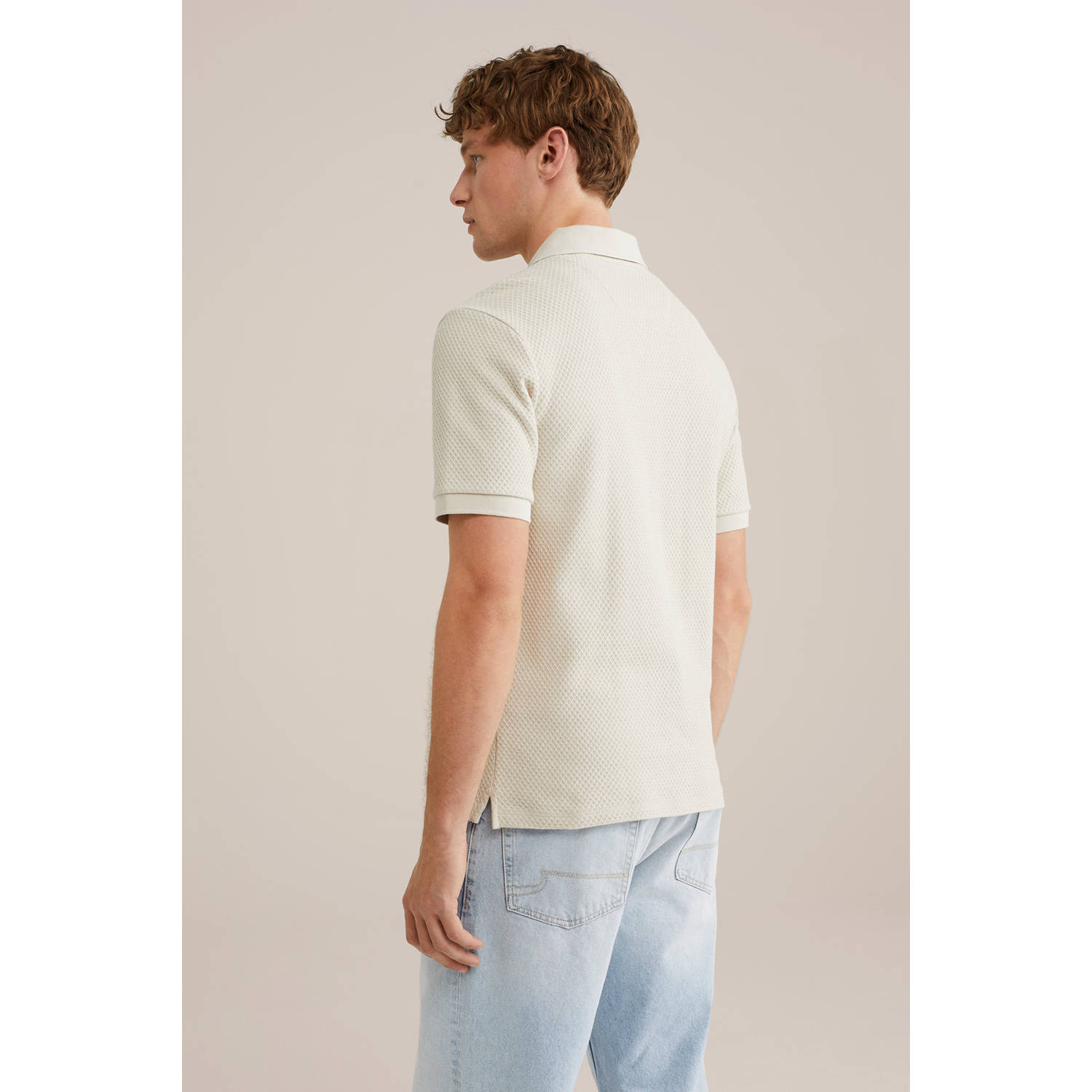 WE Fashion slim polo met ingebreid patroon ecru