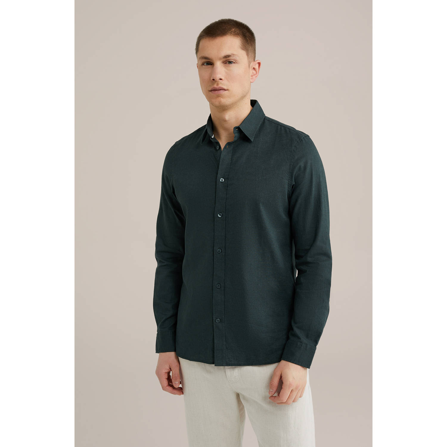 WE Fashion linnen casual overhemd donkergroen
