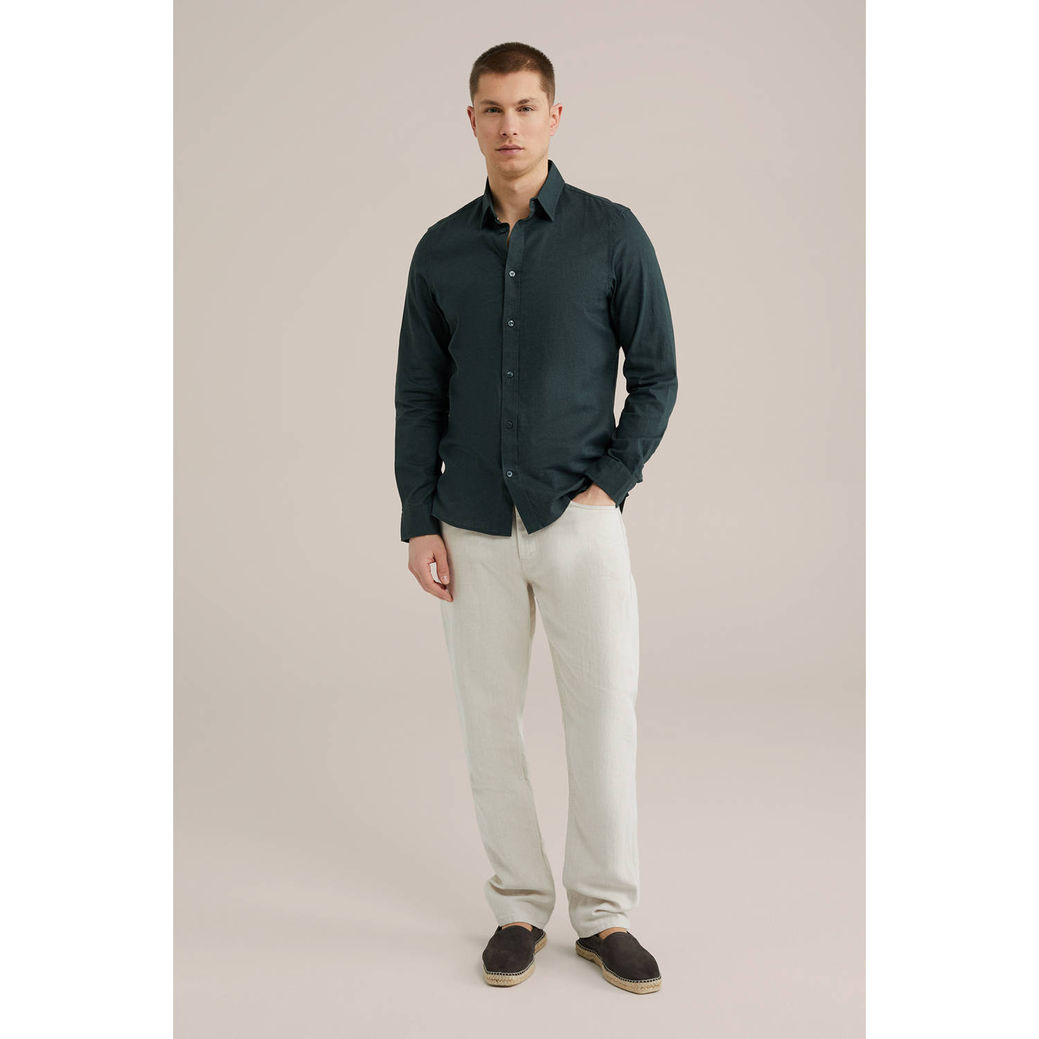 WE Fashion linnen casual overhemd donkergroen