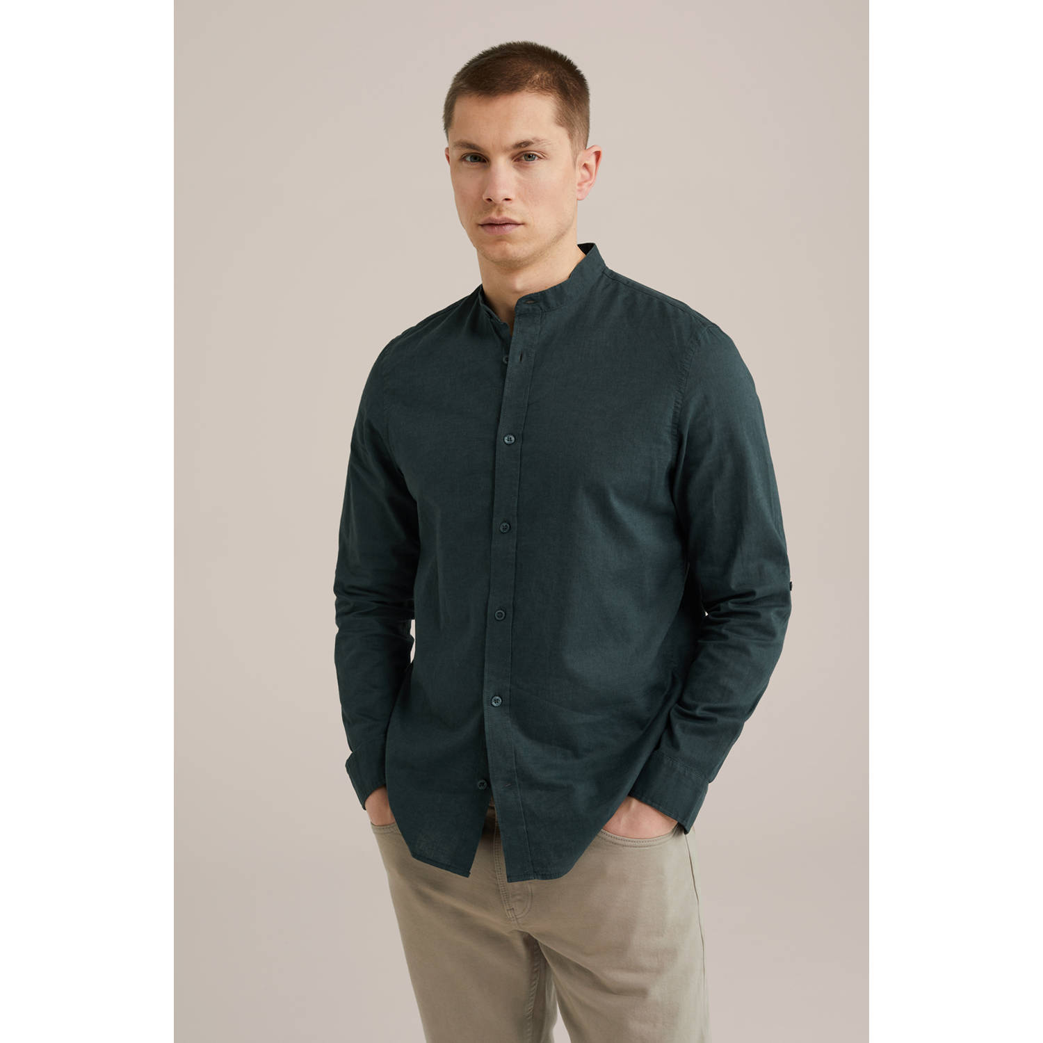 WE Fashion linnen casual overhemd donkergroen