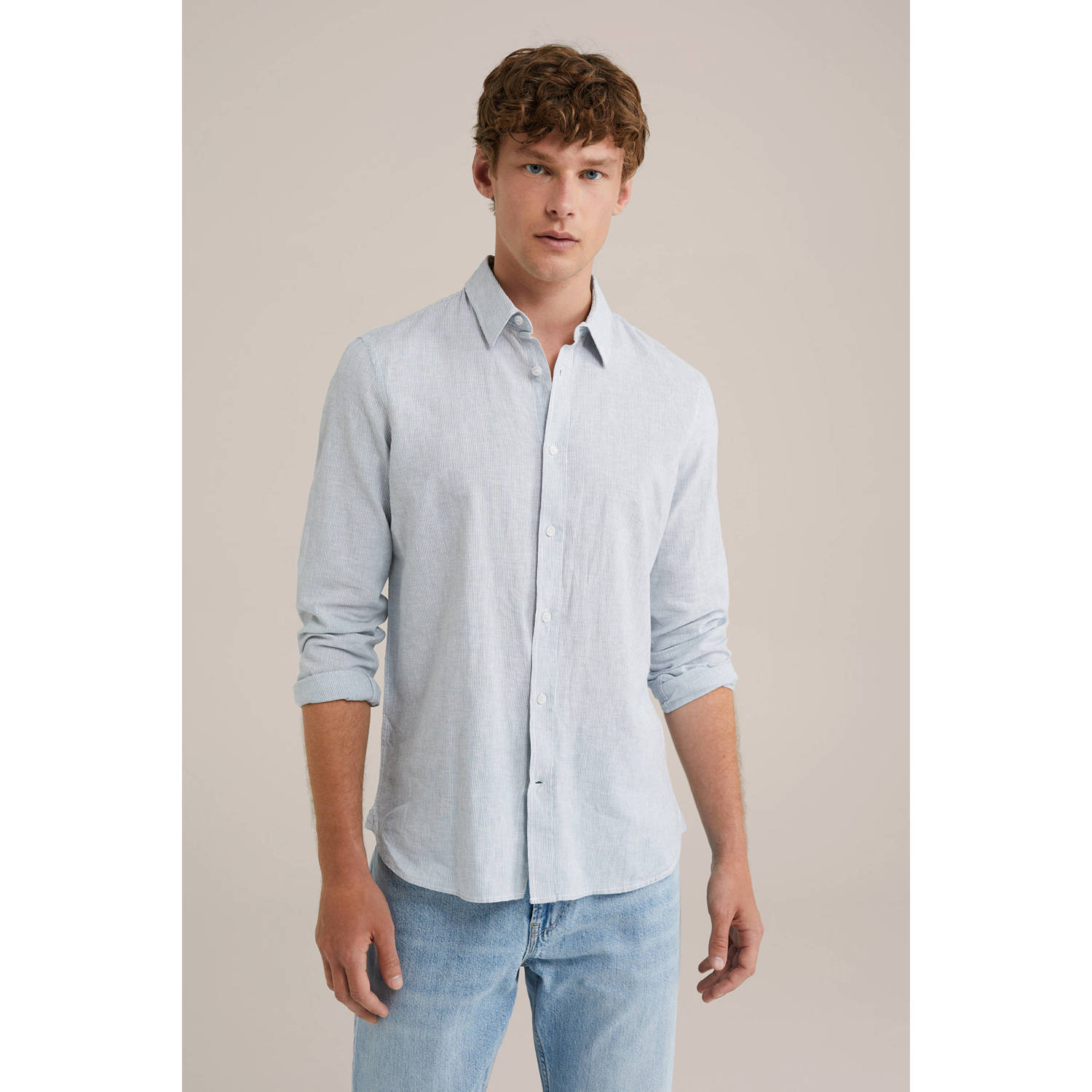 WE Fashion WE Fundamentals linnen casual overhemd lichtblauw