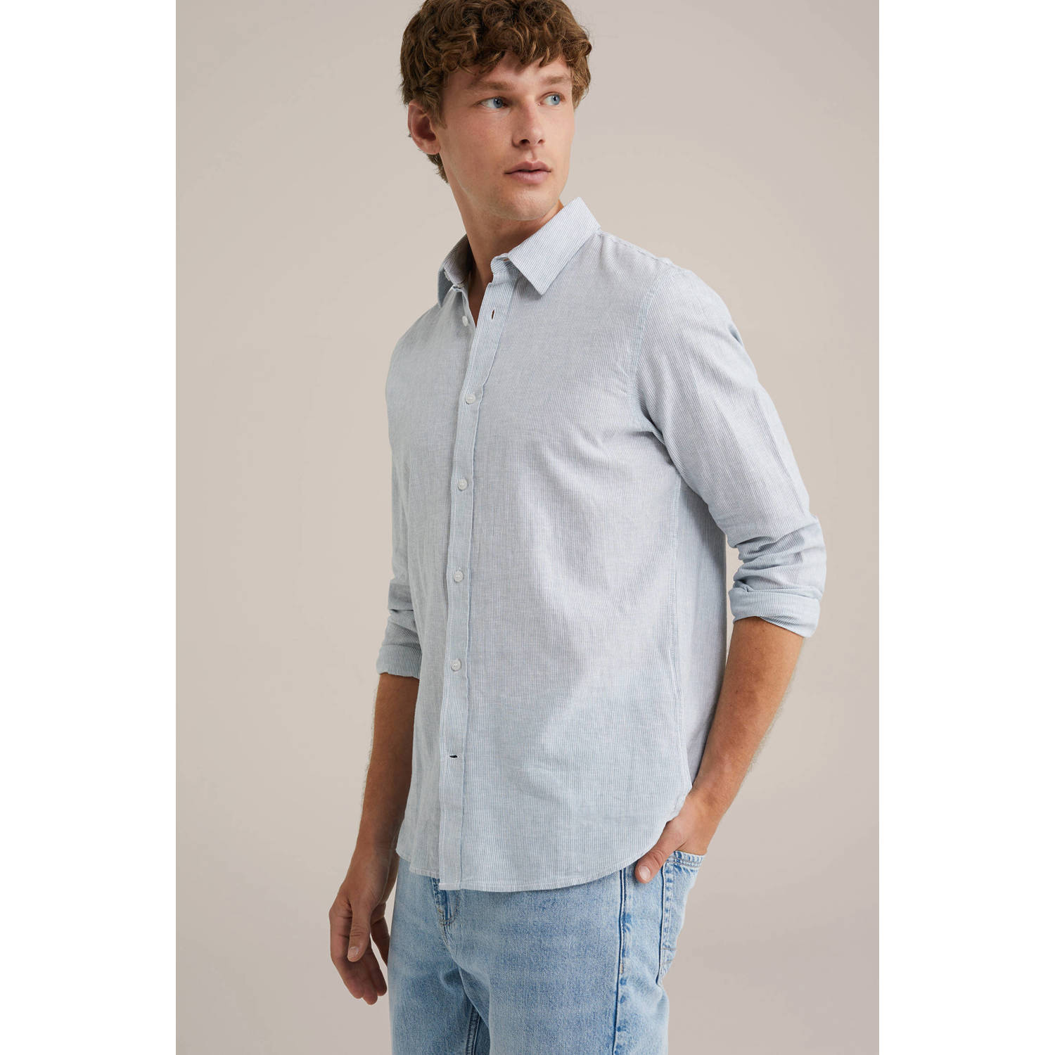 WE Fashion WE Fundamentals linnen casual overhemd lichtblauw