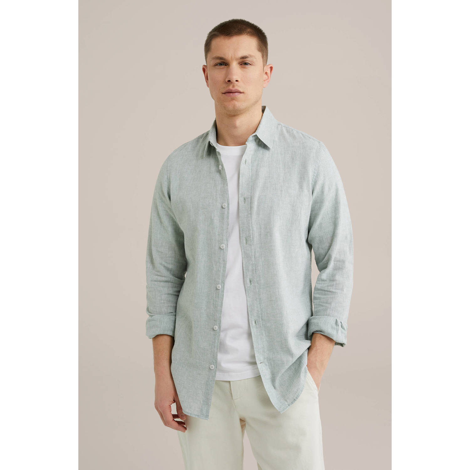 WE Fashion WE Fundamentals linnen Tall fit overhemd lichtgroen