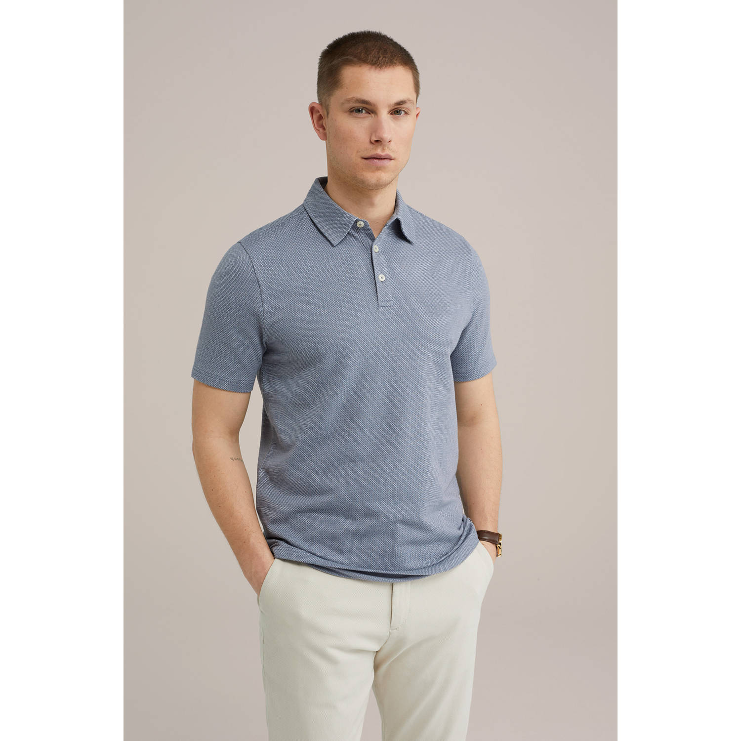 WE Fashion slim polo met textuur grijsblauw