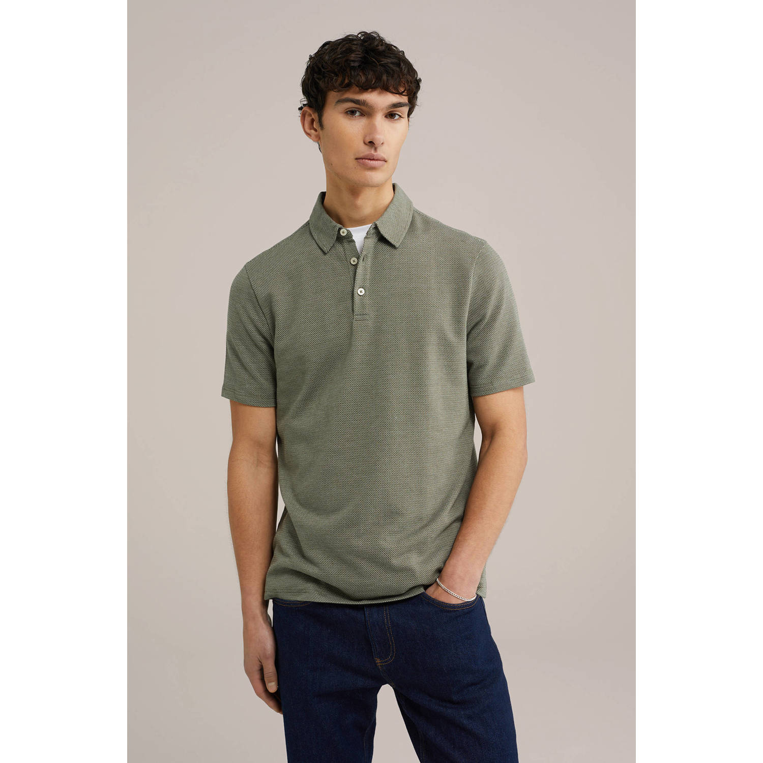 WE Fashion slim polo met textuur olijfgroen