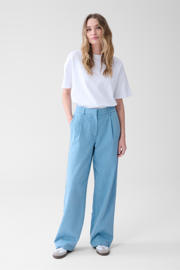 thumbnail: Blauwe dames Shoeby wide leg high waist pantalon van katoen met rits- en knoopsluiting