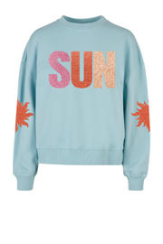 thumbnail: Lichtblauwe dames Pinned by K Curve sweater met printopdruk, lange mouwen en ronde hals
