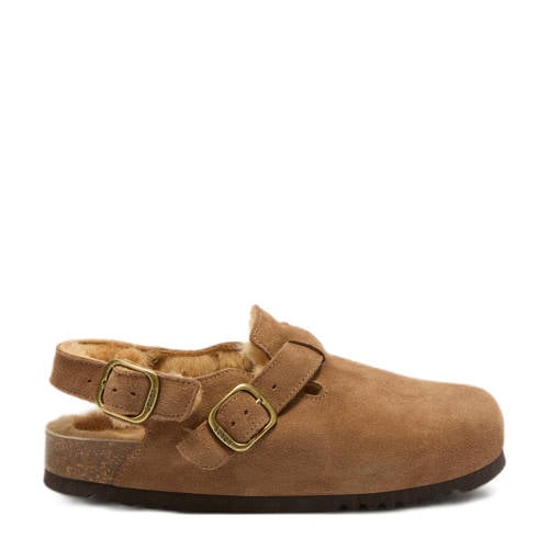 Scholl Fae Backstrap gevoerde suède clogs cognac afbeelding