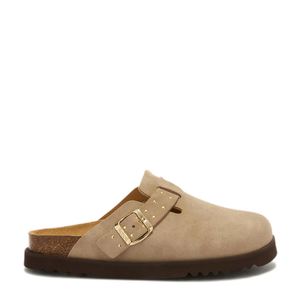 Beige dames Scholl suède clogs met gesp