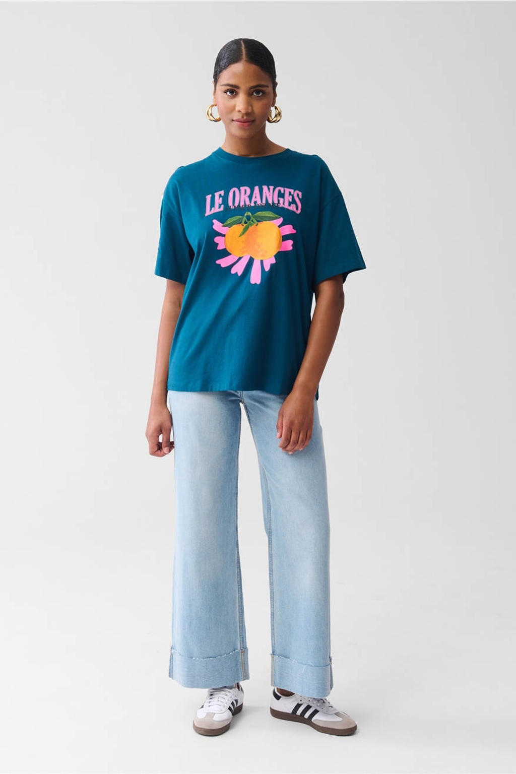 Blauwe dames Shoeby T-shirt van katoen met grafische print, korte mouwen en ronde hals
