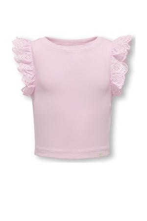 mouwloze top lichtroze broderie