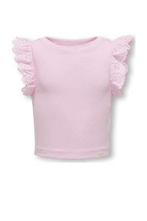 mouwloze top lichtroze broderie