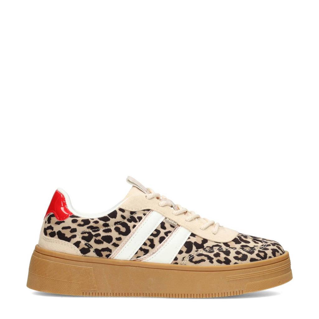 Ecru, zwart en rode dames POSH by Poelman Lilly sneakers van textiel met veters en panterprint