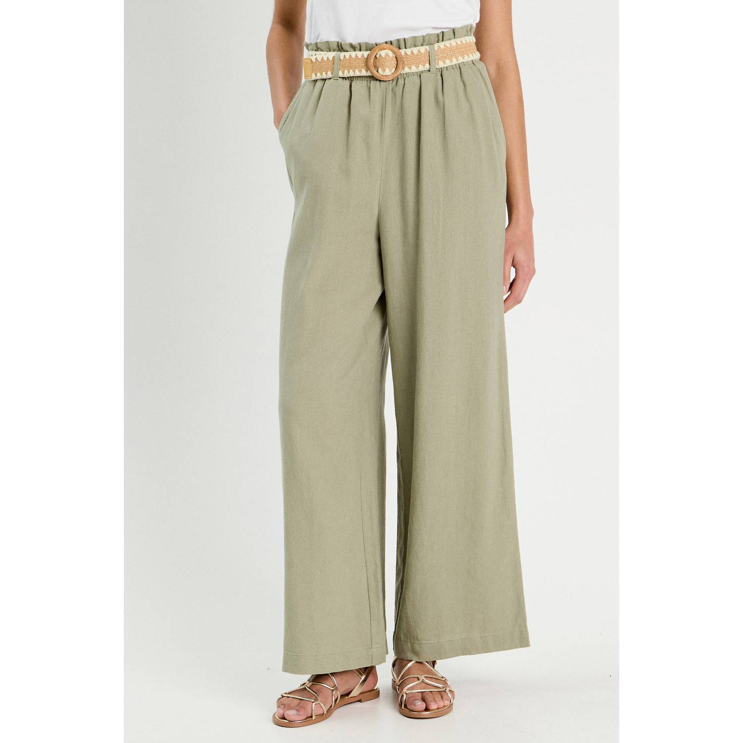 Cache linnen wide leg high waist casual broek lichtgroen