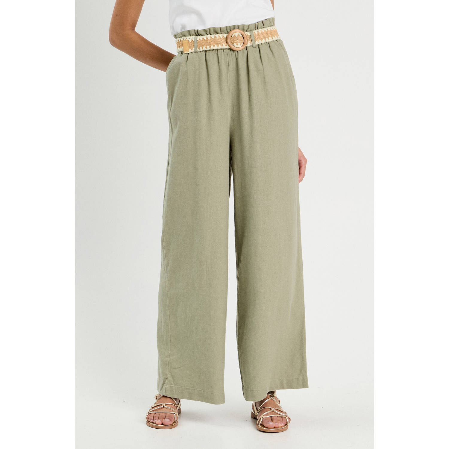 Cache linnen wide leg high waist casual broek lichtgroen