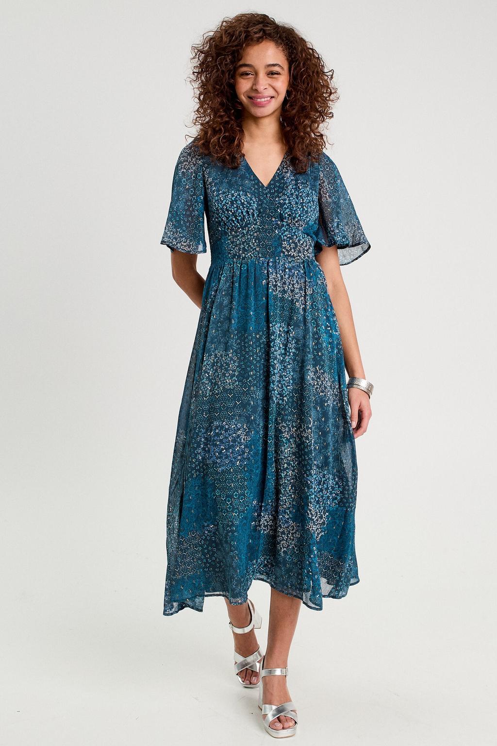 Donkerblauwe dames Cache Cache jurk van polyester met driekwart mouwen en V-hals