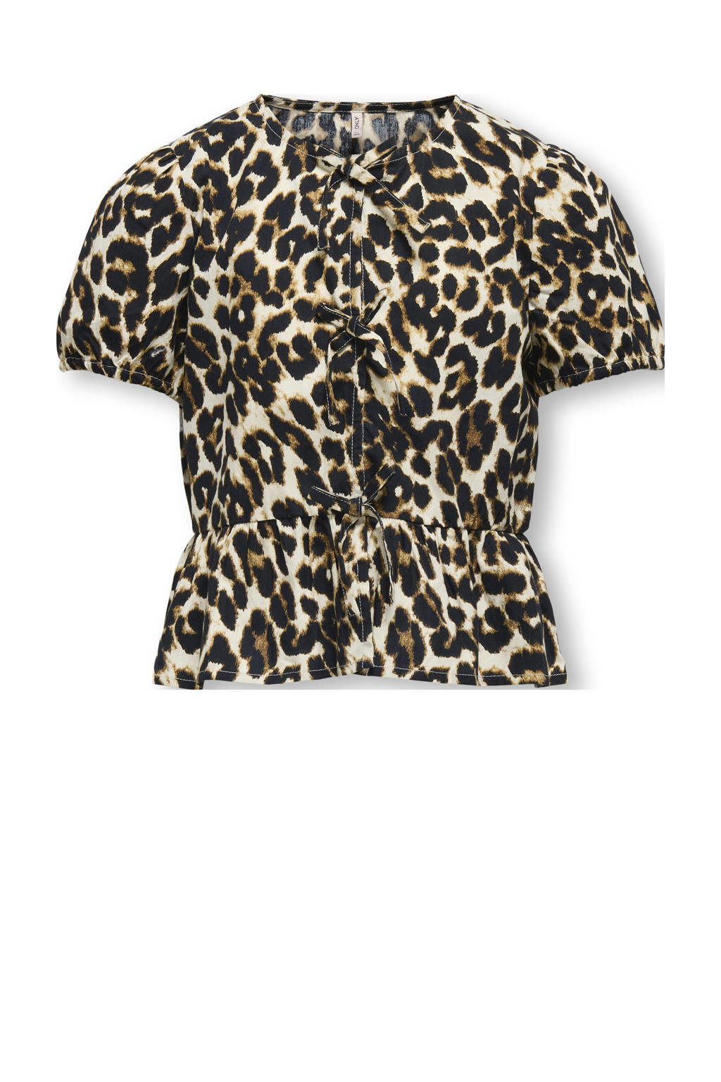 Ecru en zwarte meisjes KIDS ONLY GIRL blousetop van katoen met dierenprint, korte mouwen, ronde hals, striksluiting en geweven detail