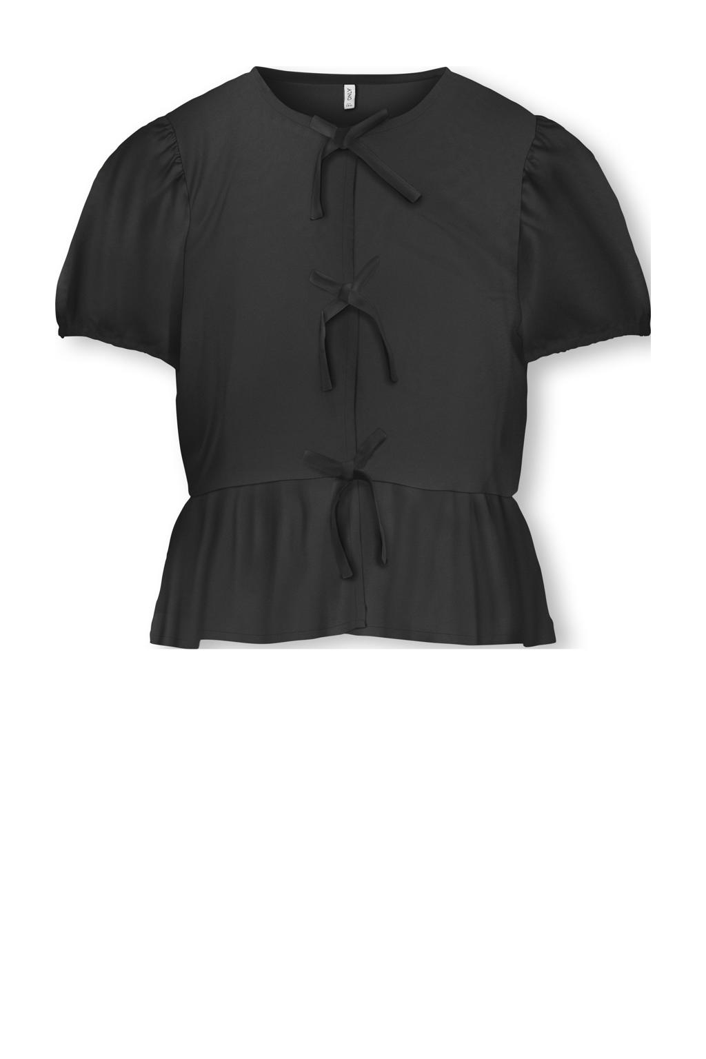 Zwarte meisjes KIDS ONLY GIRL blousetop van katoen met effen, korte mouwen, ronde hals, striksluiting en geweven detail