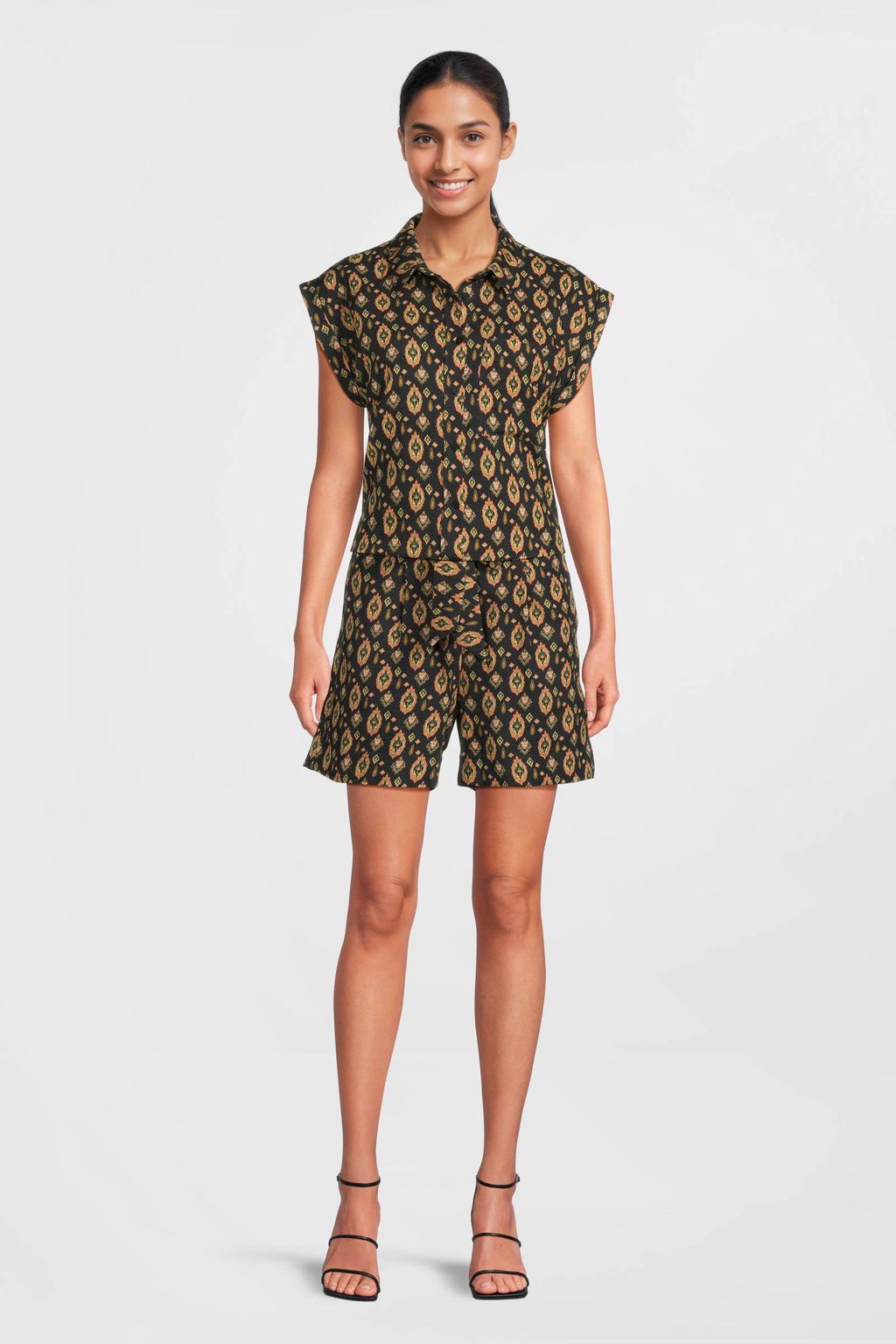 Donkerblauw, groen en roze dames Geisha straight high waist casual short van viscose met elastische tailleband