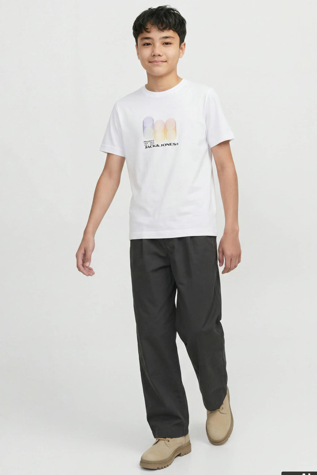 Lichtgrijze jongens JACK & JONES JUNIOR T-shirt van katoen met printopdruk, korte mouwen en ronde hals