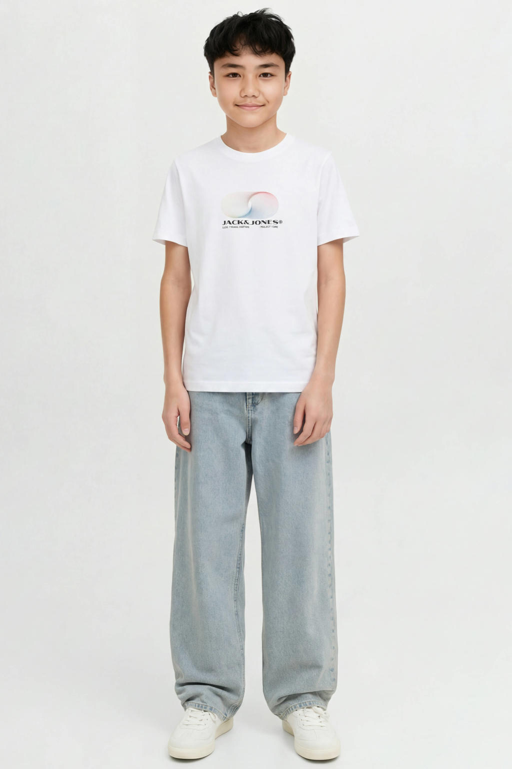 Witte jongens JACK & JONES JUNIOR T-shirt van katoen met printopdruk, korte mouwen en ronde hals