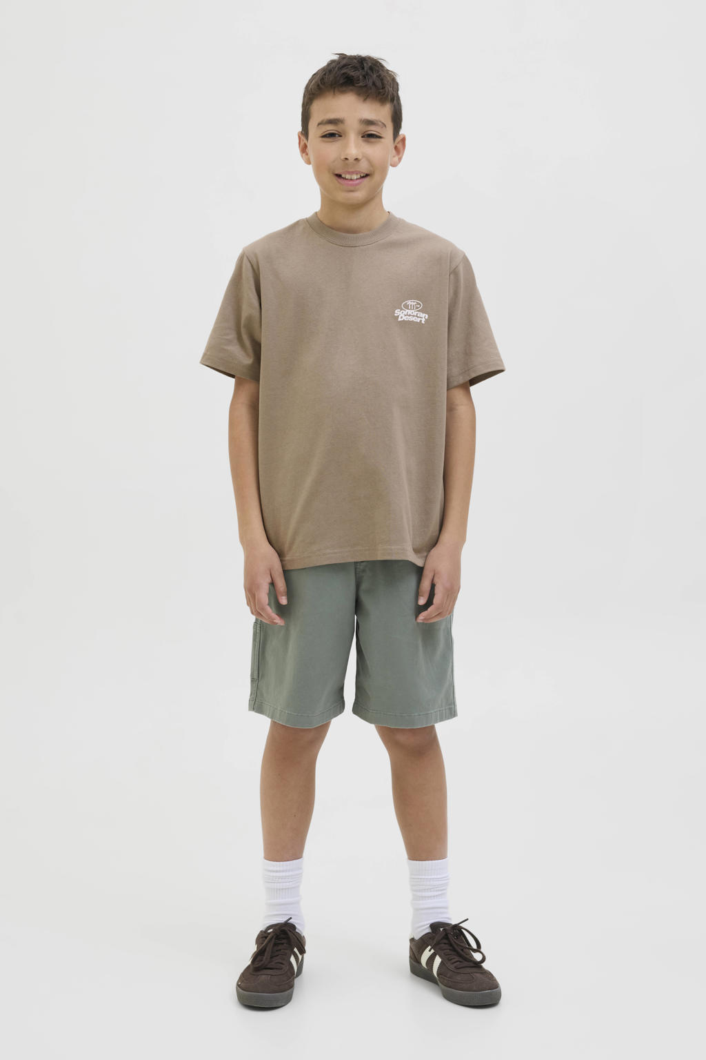 Bruine jongens JACK & JONES JUNIOR T-shirt van katoen met backprint, korte mouwen en ronde hals