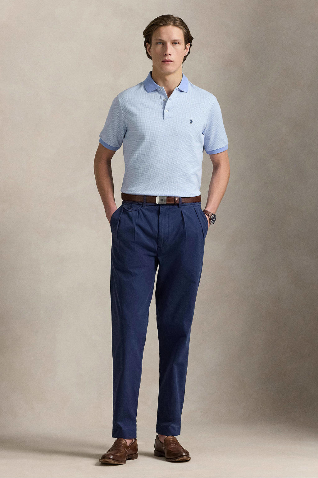 Lichtblauwe heren Polo Ralph Lauren regular polo van katoen met korte mouwen en knoopsluiting