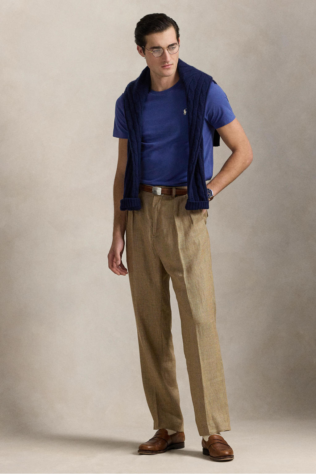 Blauwe heren Polo Ralph Lauren T-shirt van katoen met effen, korte mouwen en ronde hals