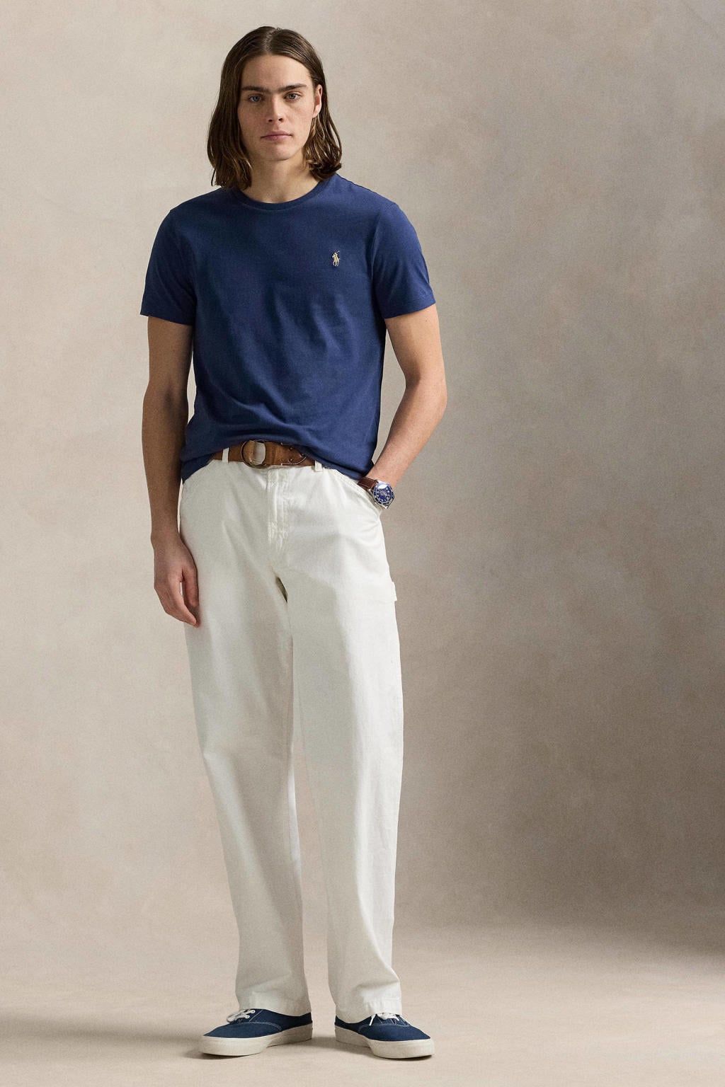 Donkerblauwe heren Polo Ralph Lauren T-shirt van katoen met effen, korte mouwen en ronde hals