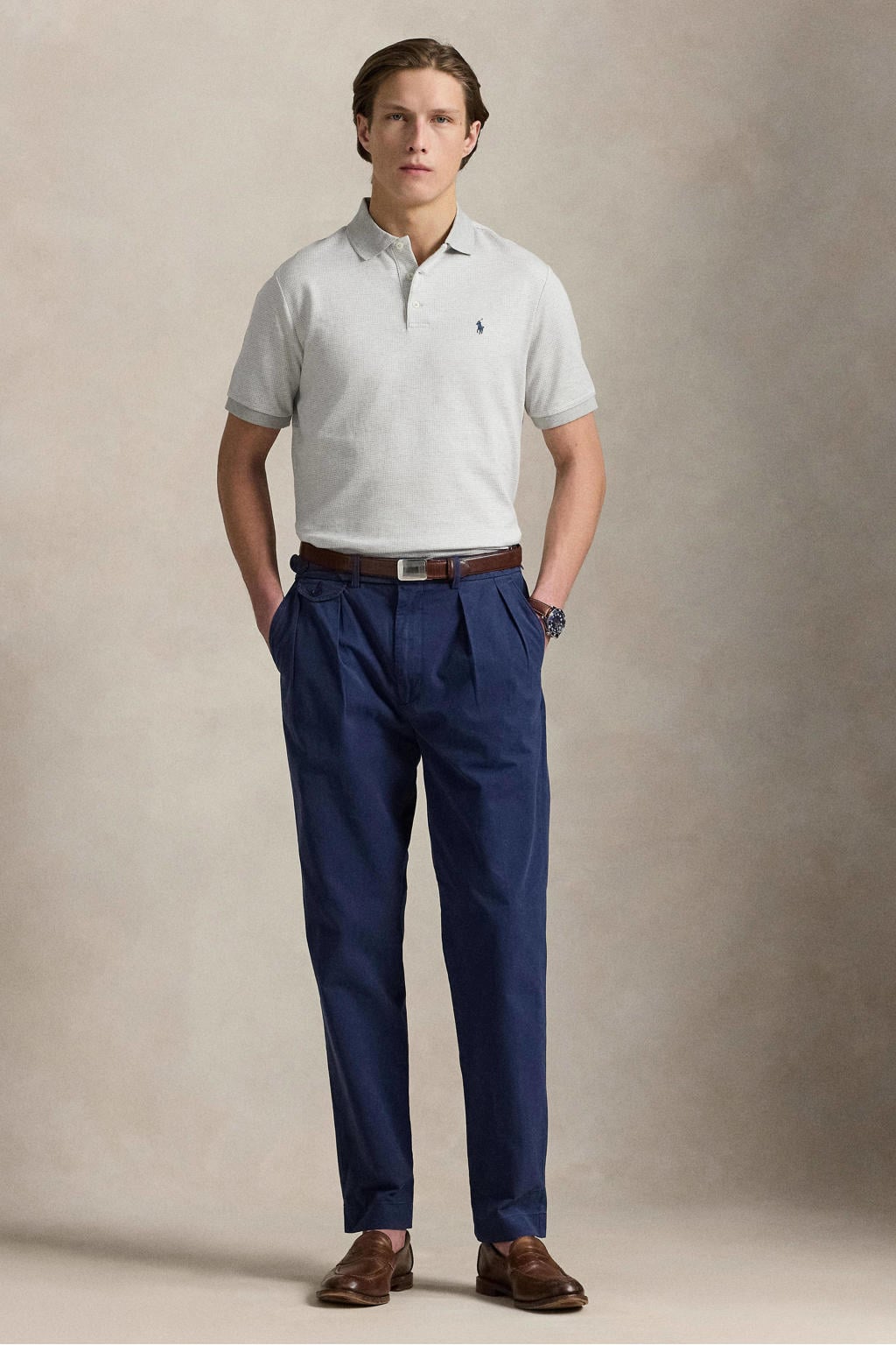 Lichtgrijze heren Polo Ralph Lauren regular polo van katoen met korte mouwen en knoopsluiting