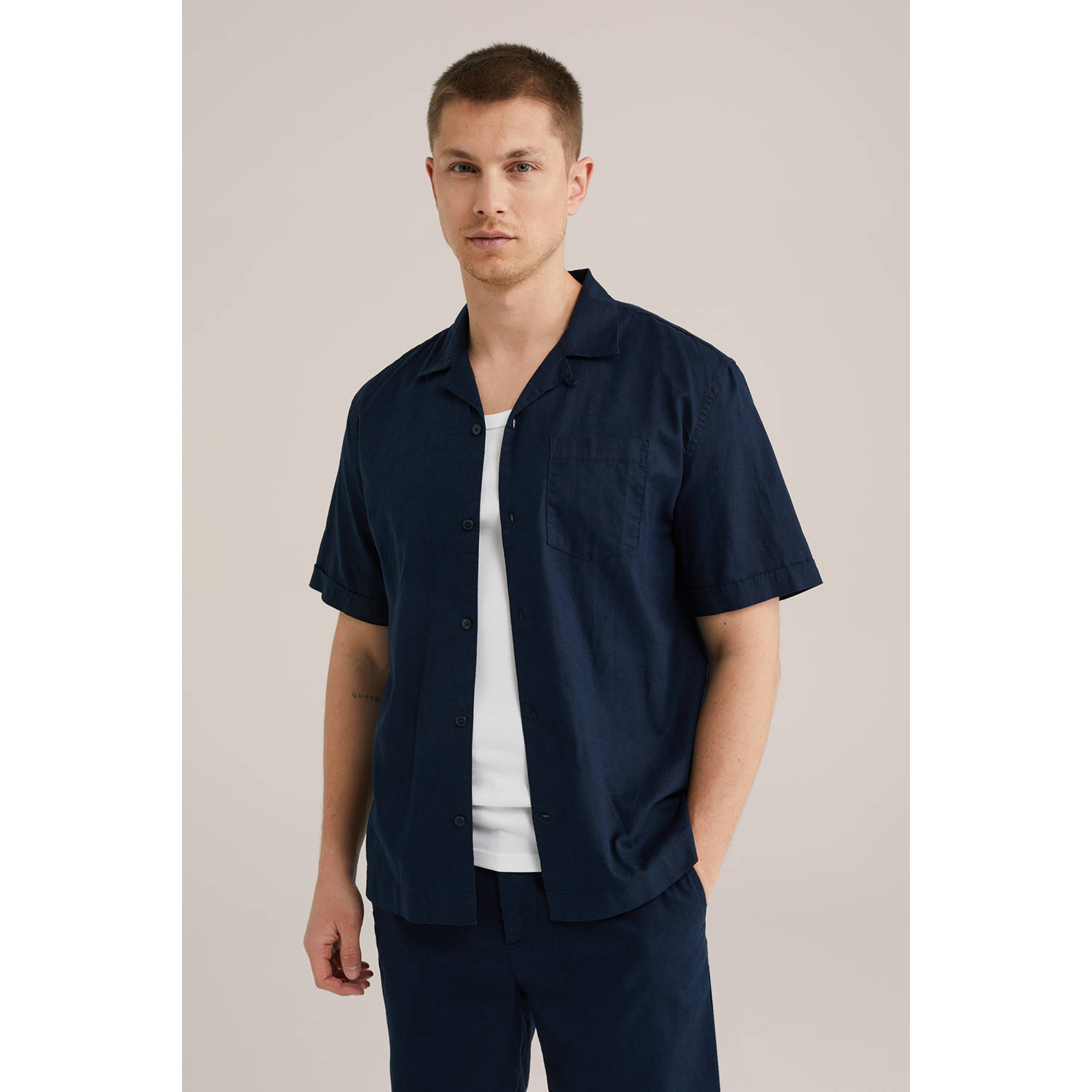 WE Fashion WE Fundamentals linnen casual overhemd donkerblauw