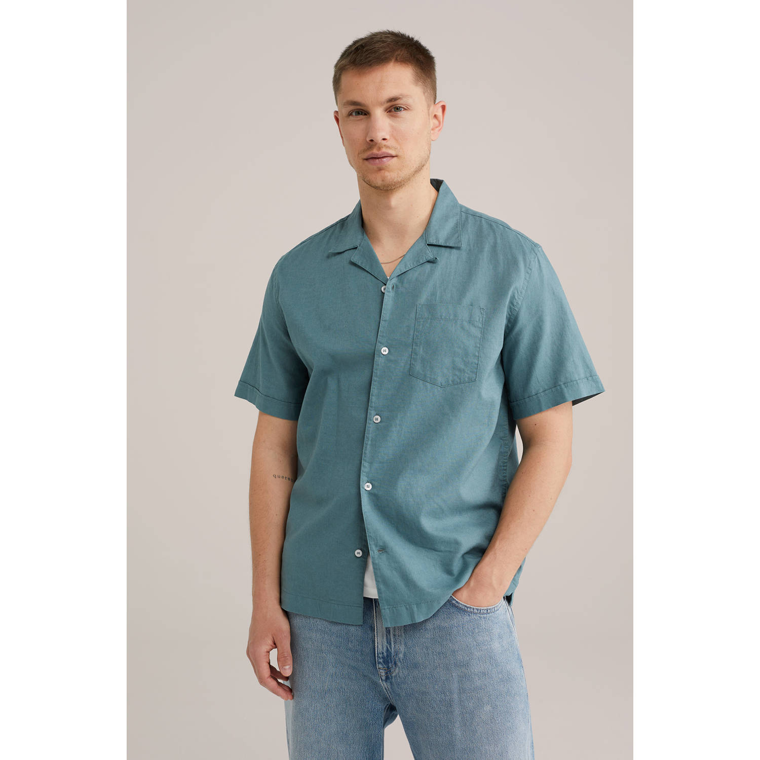 WE Fashion WE Fundamentals linnen casual overhemd petrol