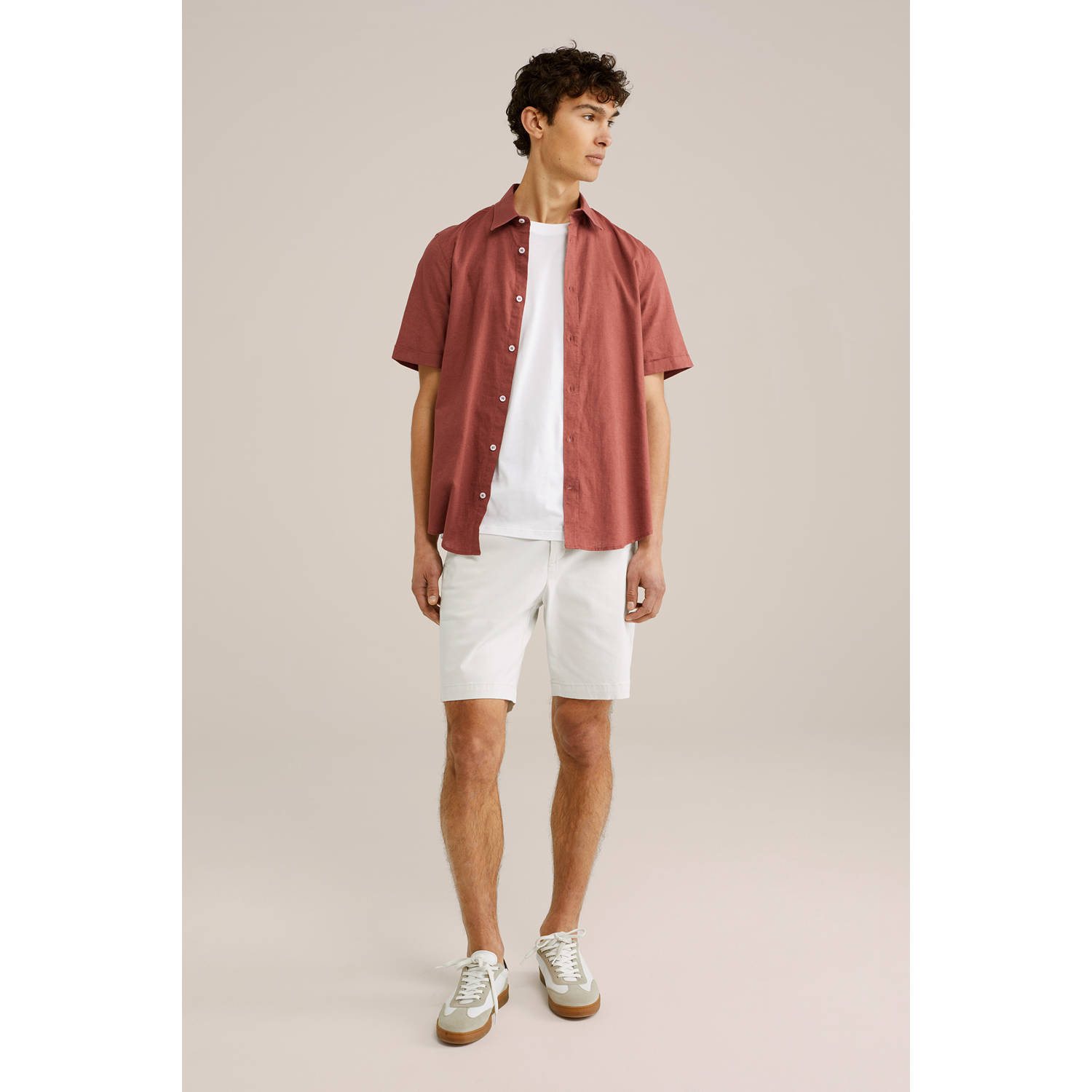 WE Fashion WE Fundamentals regular fit overhemd met linnen sheer sand