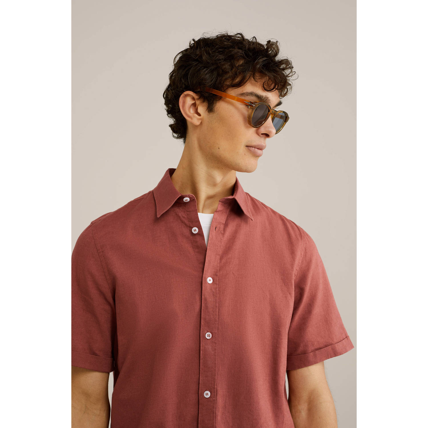 WE Fashion WE Fundamentals regular fit overhemd met linnen sheer sand