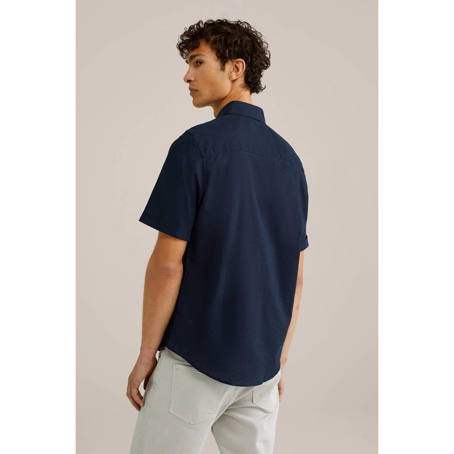 WE Fashion WE Fundamentals regular fit overhemd met linnen heavy blue