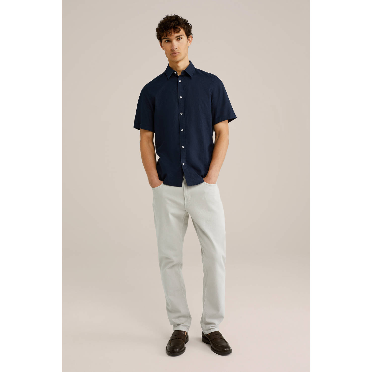 WE Fashion WE Fundamentals regular fit overhemd met linnen heavy blue