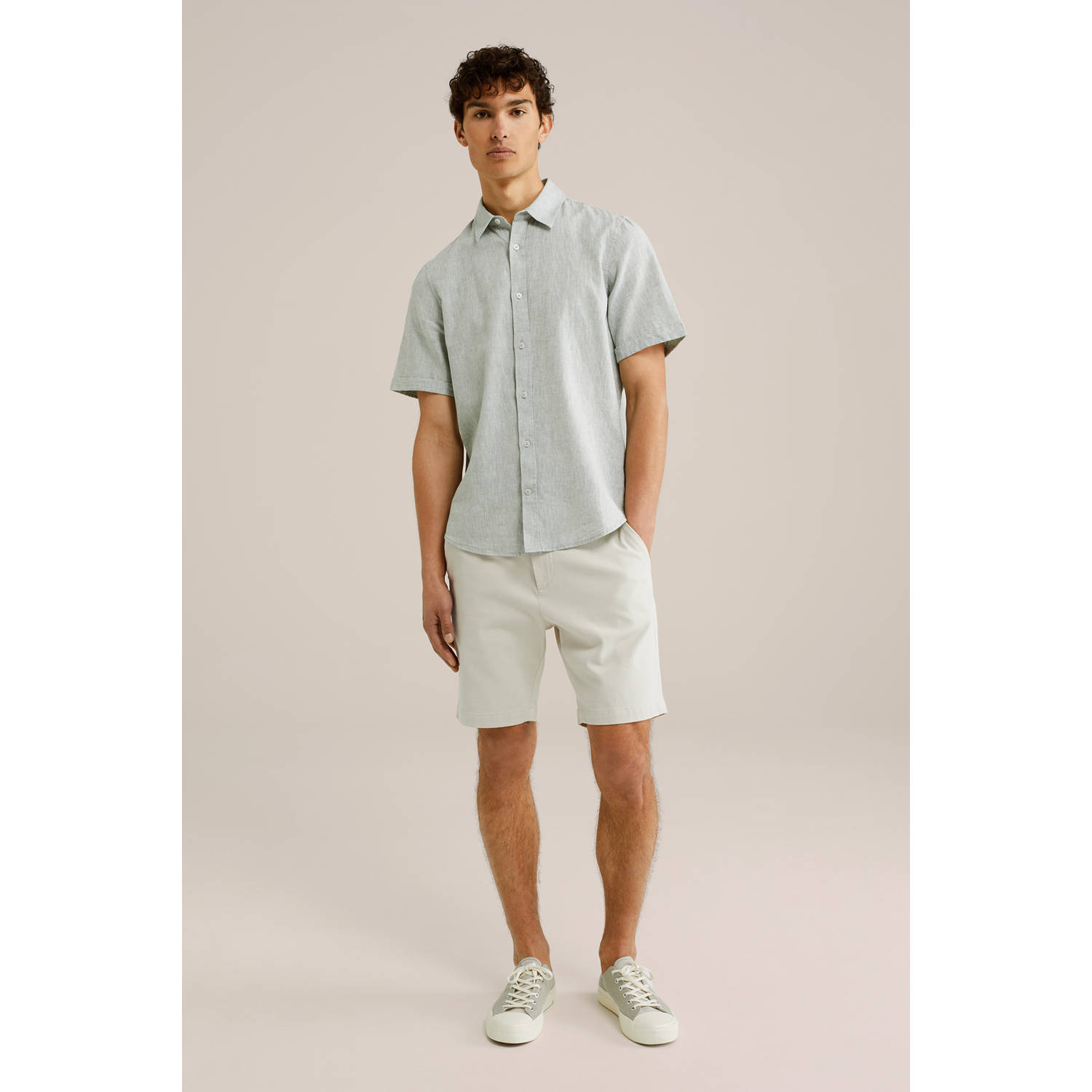 WE Fashion WE Fundamentals regular fit overhemd met linnen artichoke green