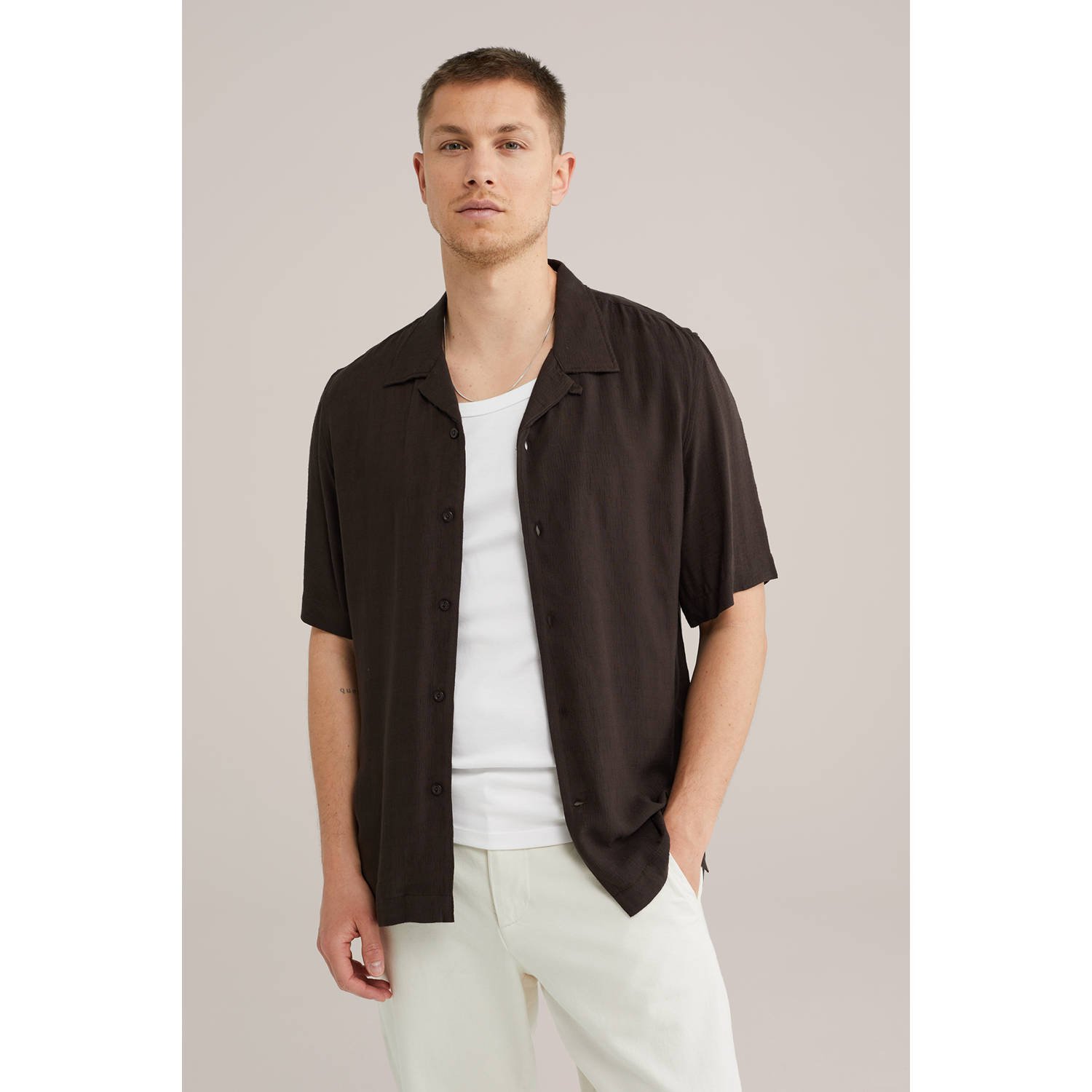 WE Fashion casual overhemd met textuur donkerbruin