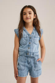 thumbnail: Light blue denim meisjes WE Fashion straight van denim met effen, V-hals, knoopsluiting en ceintuur