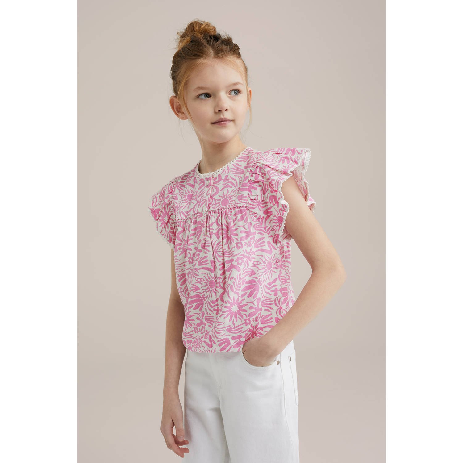WE Fashion mouwloze top lichtroze wit broderie