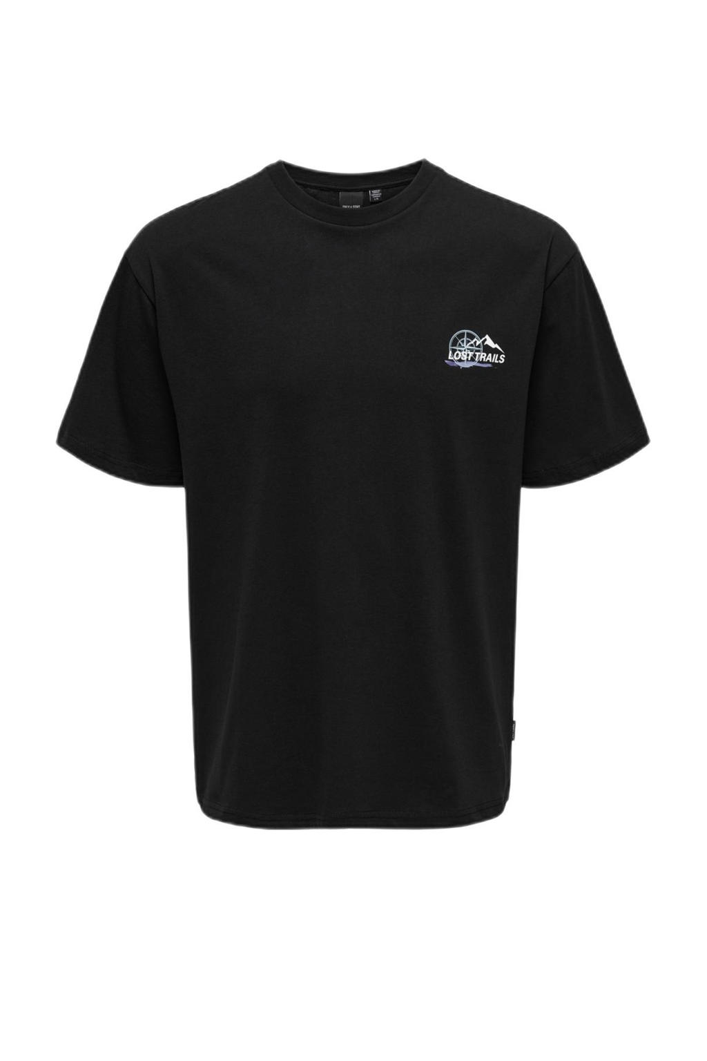 Zwarte jongens ONLY & SONS JUNIOR T-shirt van katoen met backprint, korte mouwen en ronde hals